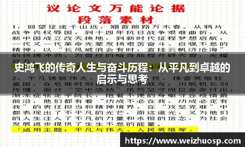 史鸿飞的传奇人生与奋斗历程：从平凡到卓越的启示与思考